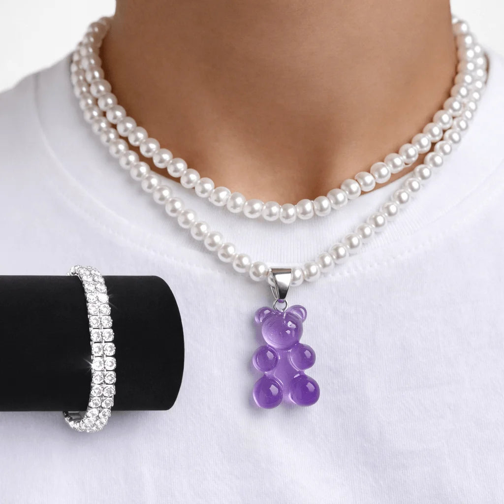 Colar, Pérola, Pingente, Ursinho, Roxo, Prata, Alaska Joias