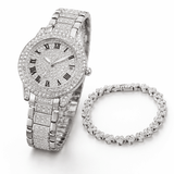 Relógio Feminino Números Romanos Cravejado Ice + Pulseira de Coração (Brinde) Alaska Joias