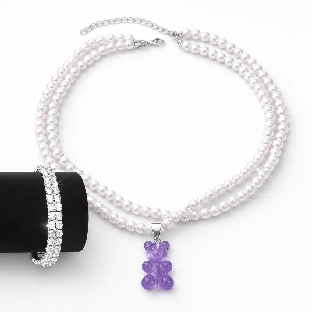 Colar, Pérola, Pingente, Ursinho, Roxo, Prata, Alaska Joias