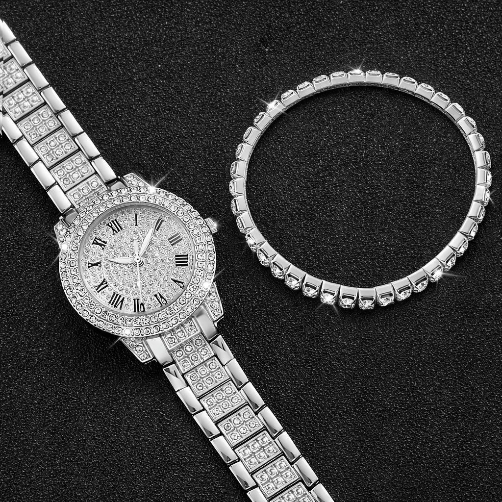 Relógio, Feminino, Ice, Cravejado, Romanos, Pulseira, Riviera, Brinde, Prata, Alaska Joias
