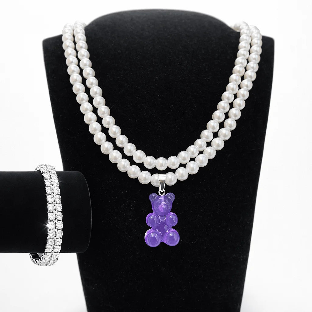 Colar, Pérola, Pingente, Ursinho, Roxo, Prata, Alaska Joias