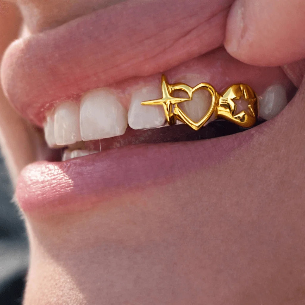 Grillz, Dois Dentes, Estrela, Coração, Banhado, Prata, Ouro, Tamanho Único, Alaska Joias