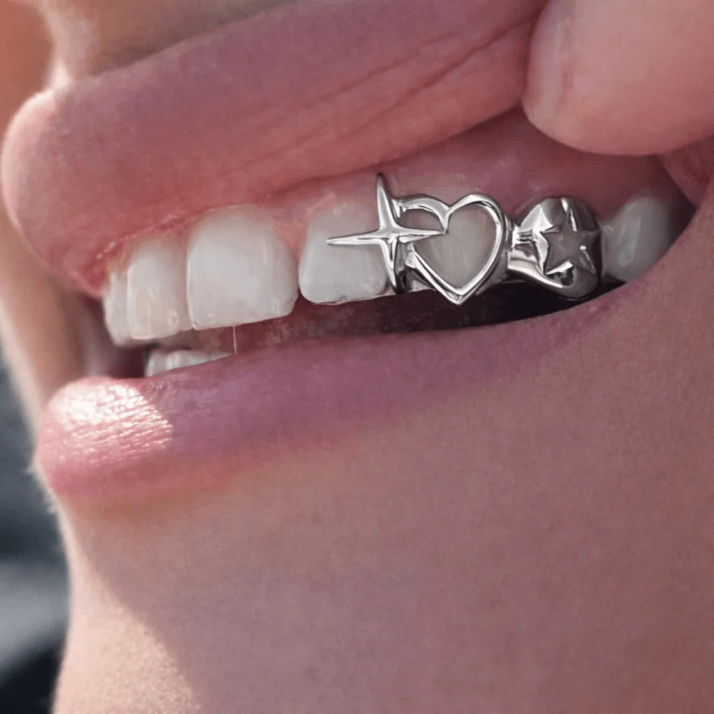 Grillz, Dois Dentes, Estrela, Coração, Banhado, Prata, Ouro, Tamanho Único, Alaska Joias