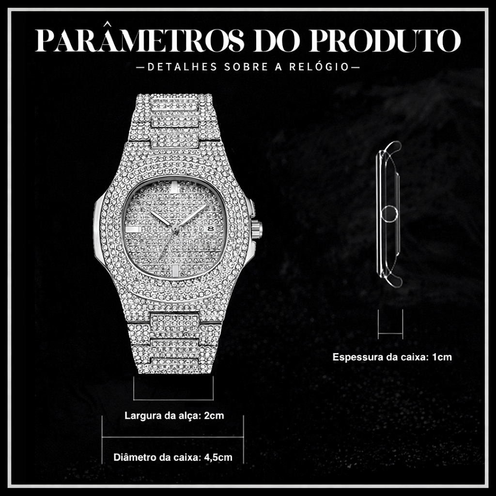 Relógio, Ice, Cravejado, Patek, Alaska Joias